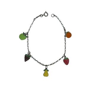 Vintage Y2K Enamel Fruit Dangle Charm Bracelet Silver Tone Chain Kidcore Kawaii